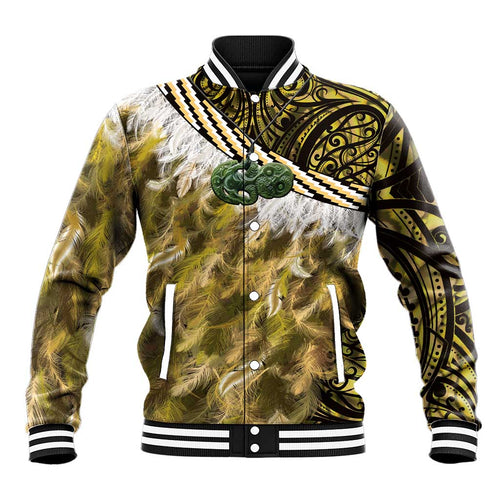 Yellow Traditional Cloak Aotearoa Baseball Jacket Maori Paua Shell Korowai Pattern
