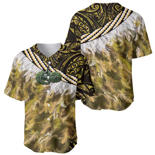 Yellow Traditional Cloak Aotearoa Baseball Jersey Maori Paua Shell Korowai Pattern
