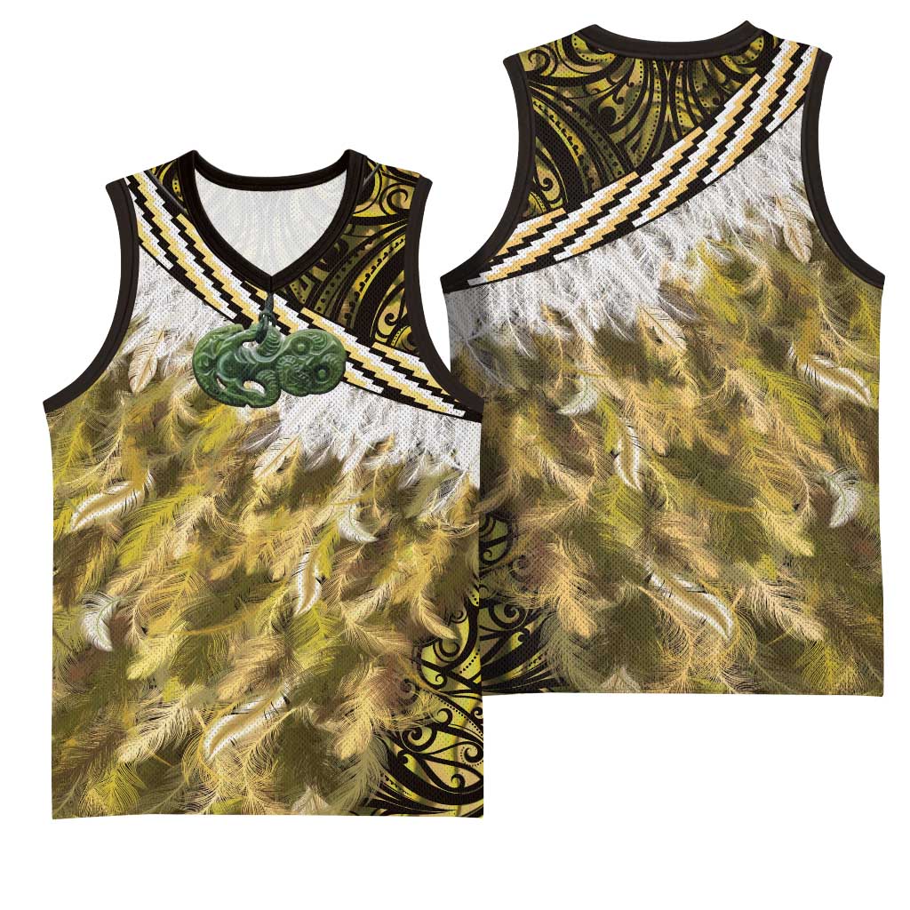 Yellow Traditional Cloak Aotearoa Basketball Jersey Maori Paua Shell Korowai Pattern - Aussie Hoodie