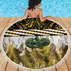 Yellow Traditional Cloak Aotearoa Beach Blanket Maori Paua Shell Korowai Pattern