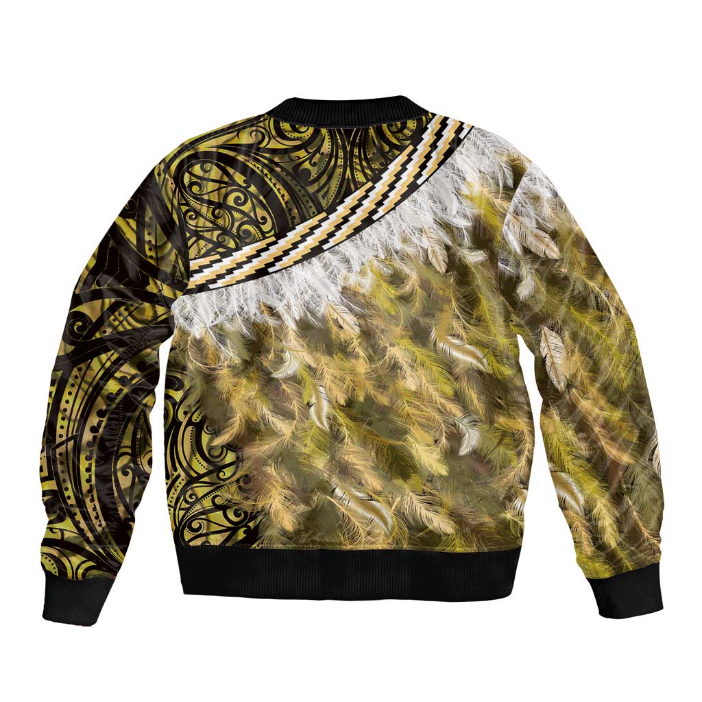Yellow Traditional Cloak Aotearoa Bomber Jacket Maori Paua Shell Korowai Pattern