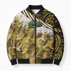 Yellow Traditional Cloak Aotearoa Bomber Puffer Jacket Maori Paua Shell Korowai Pattern - Aussie Hoodie