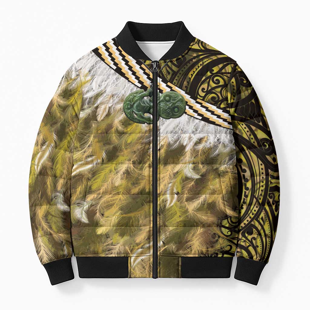 Yellow Traditional Cloak Aotearoa Bomber Puffer Jacket Maori Paua Shell Korowai Pattern - Aussie Hoodie
