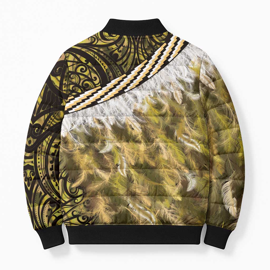 Yellow Traditional Cloak Aotearoa Bomber Puffer Jacket Maori Paua Shell Korowai Pattern - Aussie Hoodie