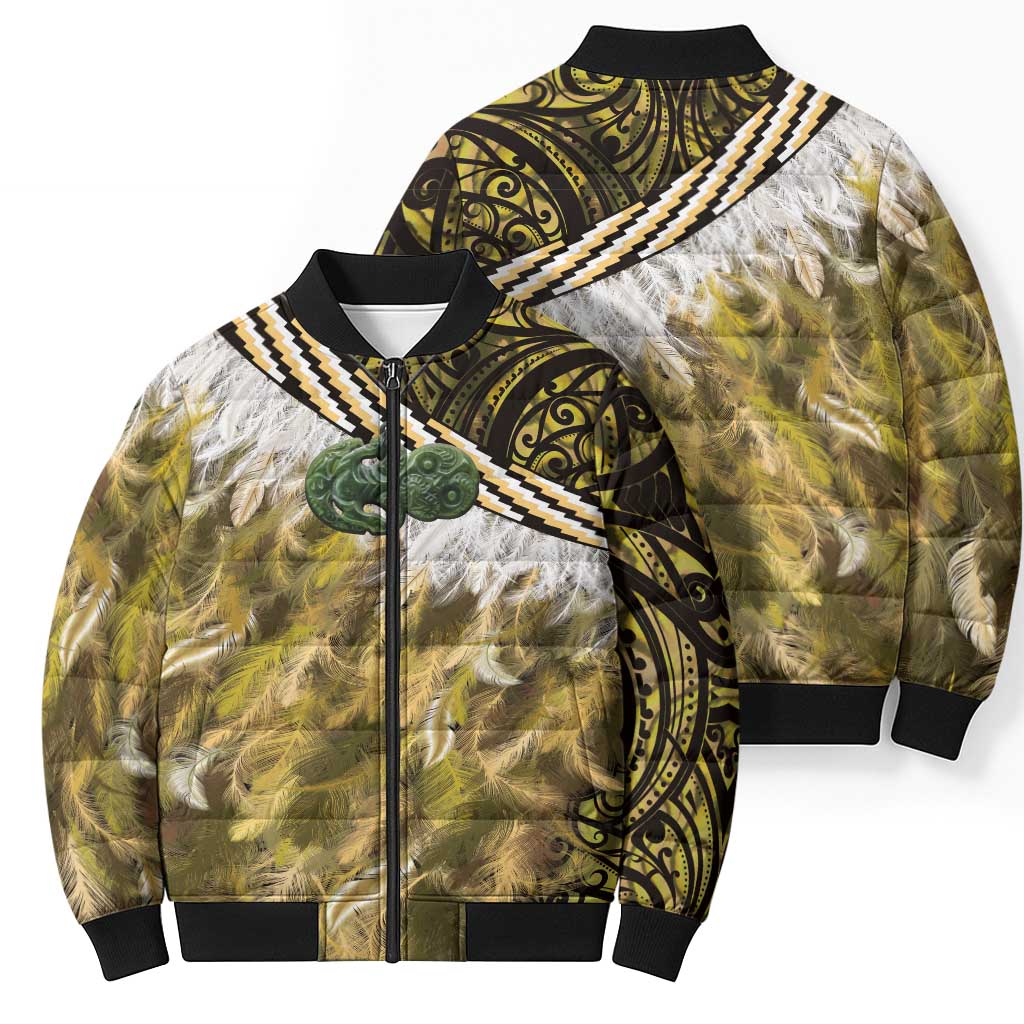 Yellow Traditional Cloak Aotearoa Bomber Puffer Jacket Maori Paua Shell Korowai Pattern - Aussie Hoodie