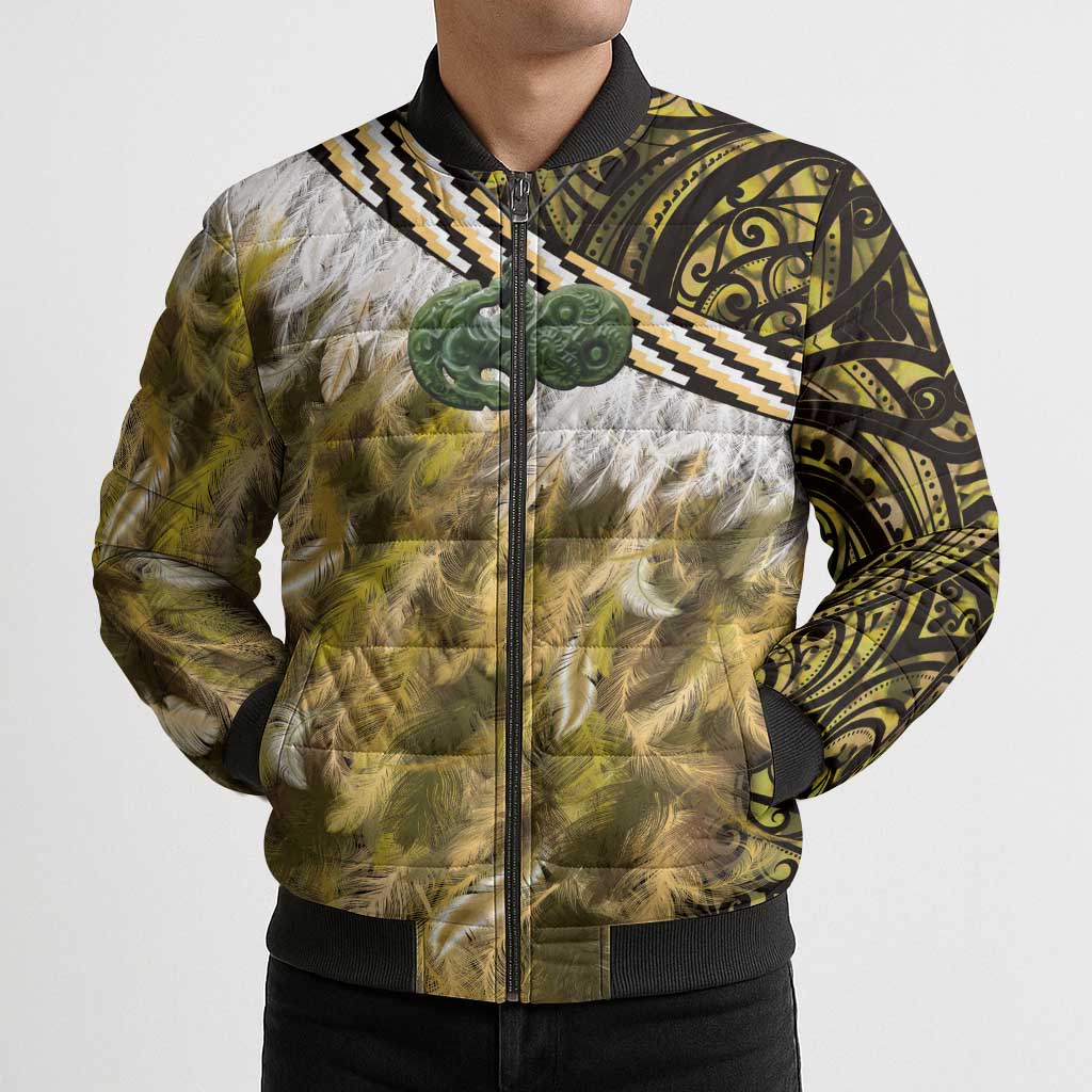 Yellow Traditional Cloak Aotearoa Bomber Puffer Jacket Maori Paua Shell Korowai Pattern - Aussie Hoodie