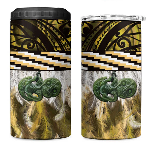 Yellow Traditional Cloak Aotearoa 4 in 1 Can Cooler Tumbler Maori Paua Shell Korowai Pattern