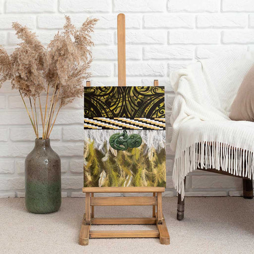 Yellow Traditional Cloak Aotearoa Canvas Wall Art Maori Paua Shell Korowai Pattern