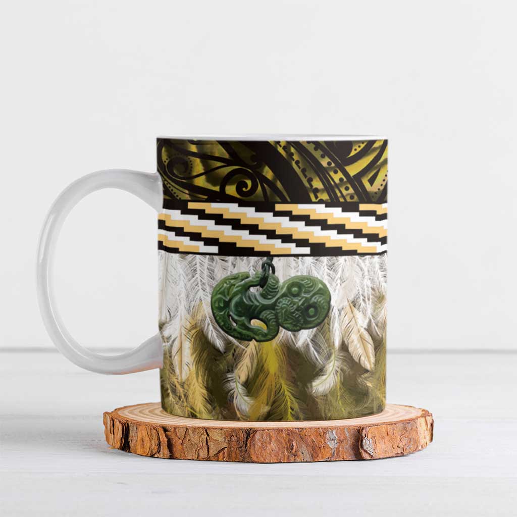 Yellow Traditional Cloak Aotearoa Ceramic Mug Maori Paua Shell Korowai Pattern - Aussie Hoodie