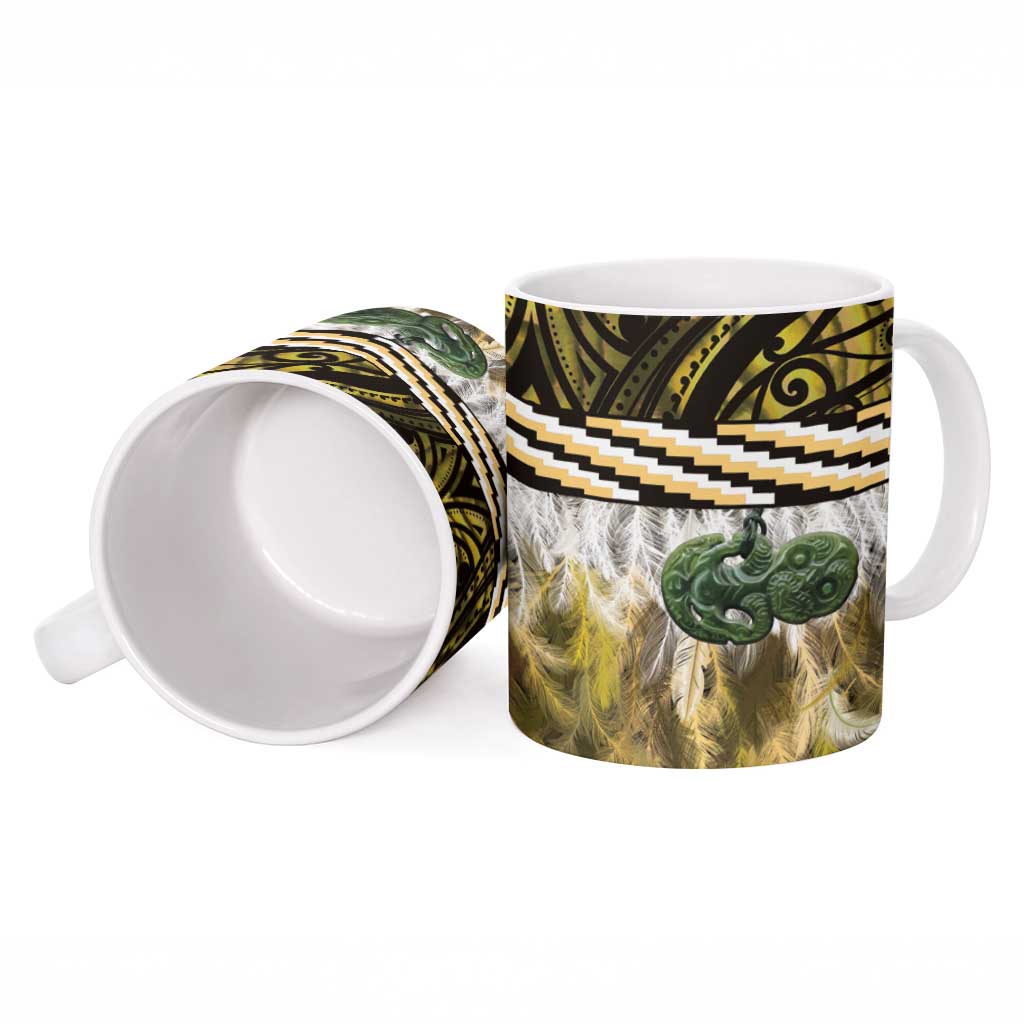 Yellow Traditional Cloak Aotearoa Ceramic Mug Maori Paua Shell Korowai Pattern - Aussie Hoodie