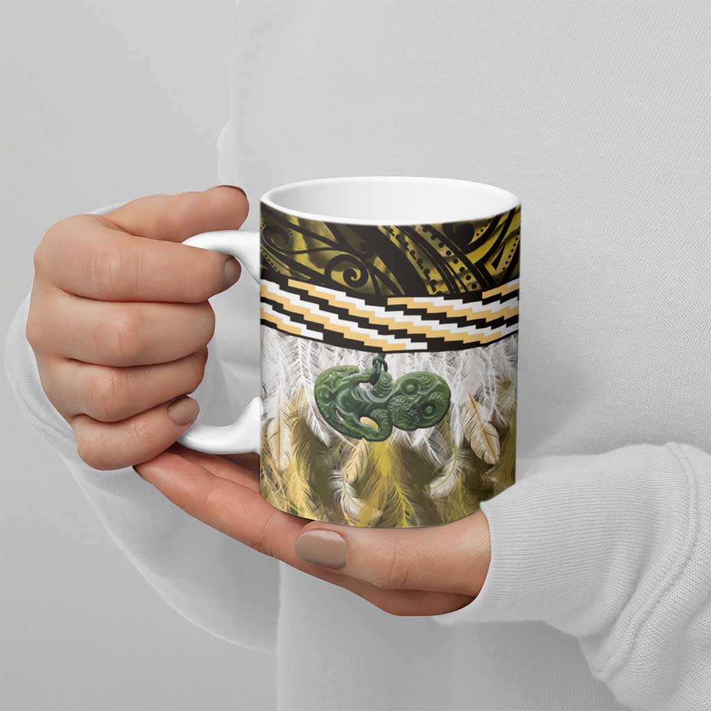 Yellow Traditional Cloak Aotearoa Ceramic Mug Maori Paua Shell Korowai Pattern - Aussie Hoodie