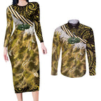 Yellow Traditional Cloak Aotearoa Couples Matching Long Sleeve Bodycon Dress and Long Sleeve Button Shirt Maori Paua Shell Korowai Pattern