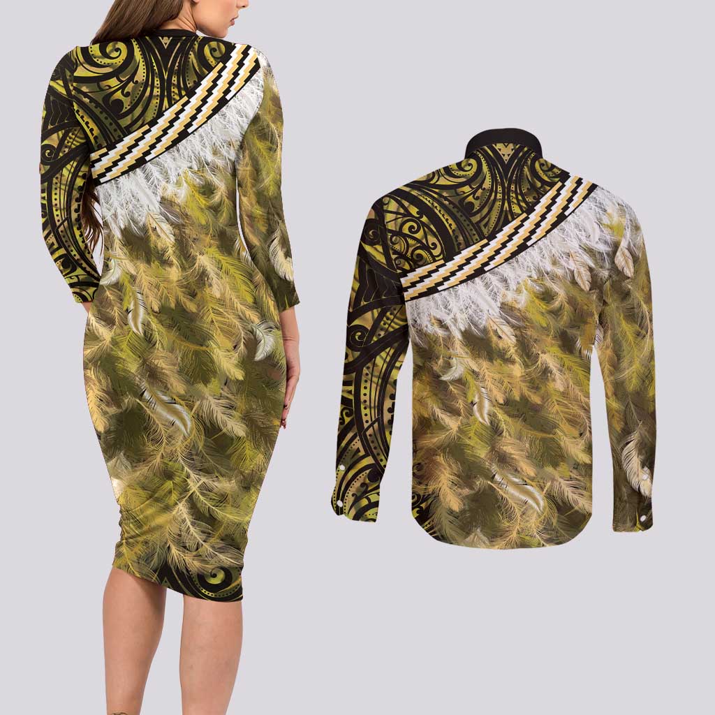 Yellow Traditional Cloak Aotearoa Couples Matching Long Sleeve Bodycon Dress and Long Sleeve Button Shirt Maori Paua Shell Korowai Pattern