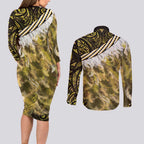 Yellow Traditional Cloak Aotearoa Couples Matching Long Sleeve Bodycon Dress and Long Sleeve Button Shirt Maori Paua Shell Korowai Pattern