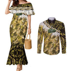 Yellow Traditional Cloak Aotearoa Couples Matching Mermaid Dress and Long Sleeve Button Shirt Maori Paua Shell Korowai Pattern
