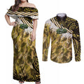 Yellow Traditional Cloak Aotearoa Couples Matching Off Shoulder Maxi Dress and Long Sleeve Button Shirt Maori Paua Shell Korowai Pattern