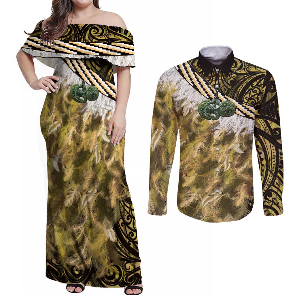 Yellow Traditional Cloak Aotearoa Couples Matching Off Shoulder Maxi Dress and Long Sleeve Button Shirt Maori Paua Shell Korowai Pattern