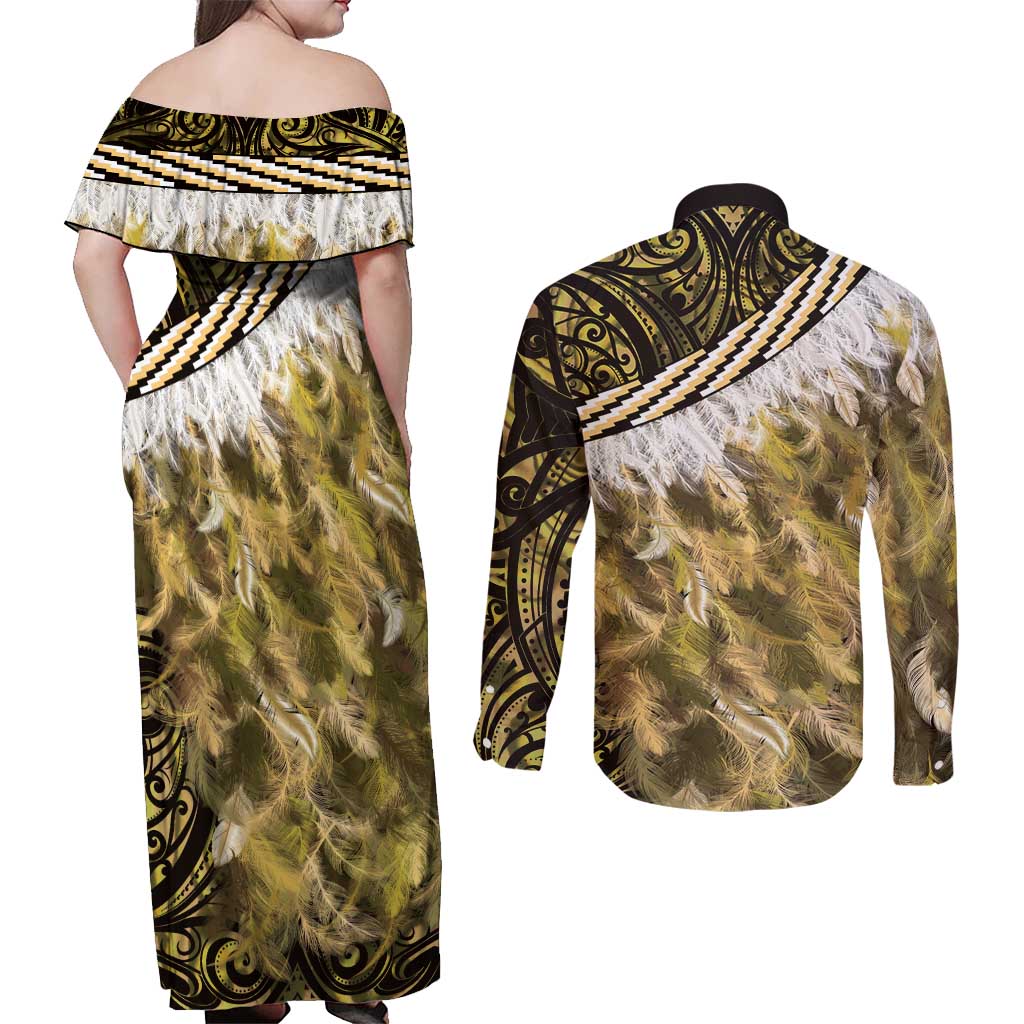 Yellow Traditional Cloak Aotearoa Couples Matching Off Shoulder Maxi Dress and Long Sleeve Button Shirt Maori Paua Shell Korowai Pattern
