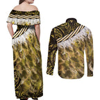 Yellow Traditional Cloak Aotearoa Couples Matching Off Shoulder Maxi Dress and Long Sleeve Button Shirt Maori Paua Shell Korowai Pattern