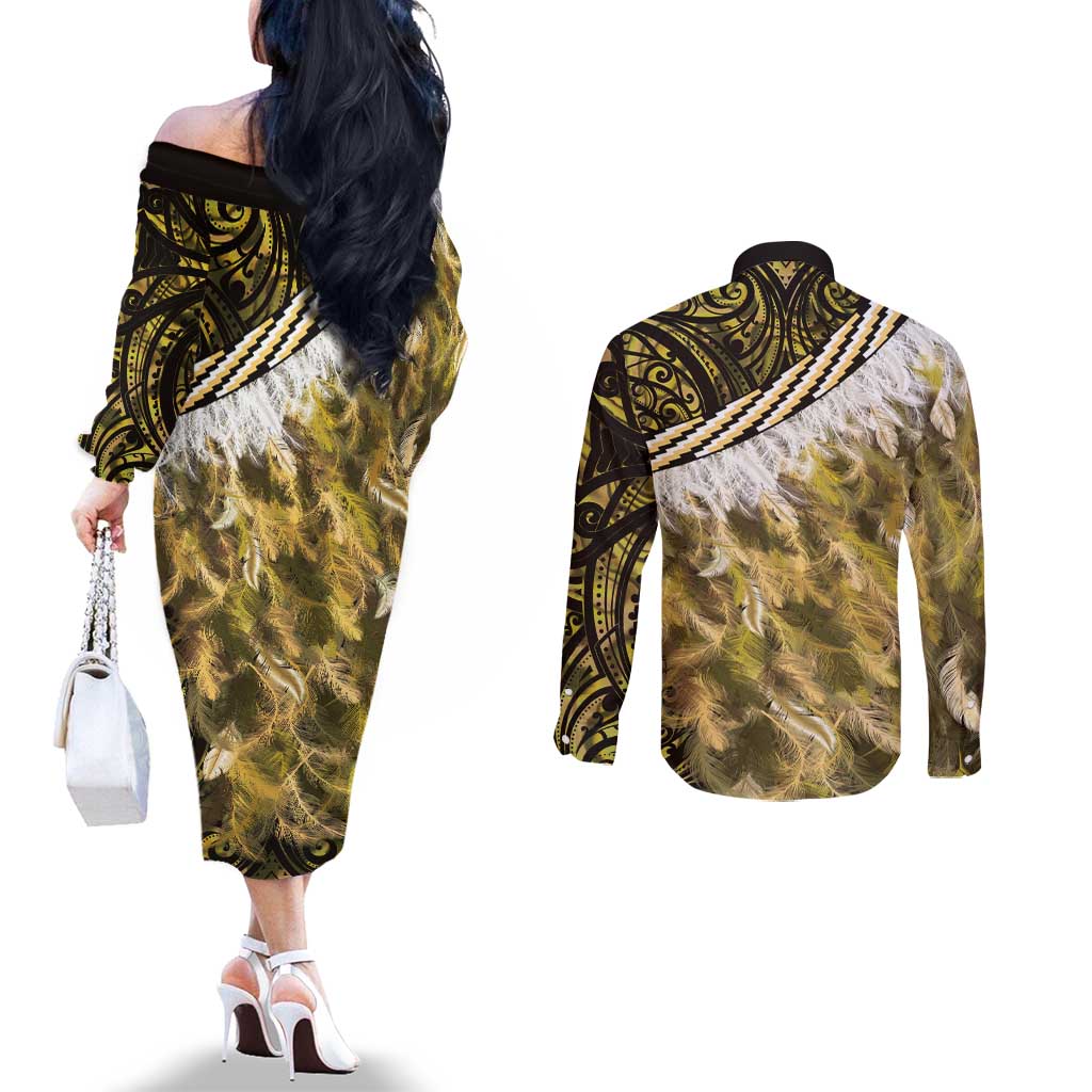 Yellow Traditional Cloak Aotearoa Couples Matching Off The Shoulder Long Sleeve Dress and Long Sleeve Button Shirt Maori Paua Shell Korowai Pattern