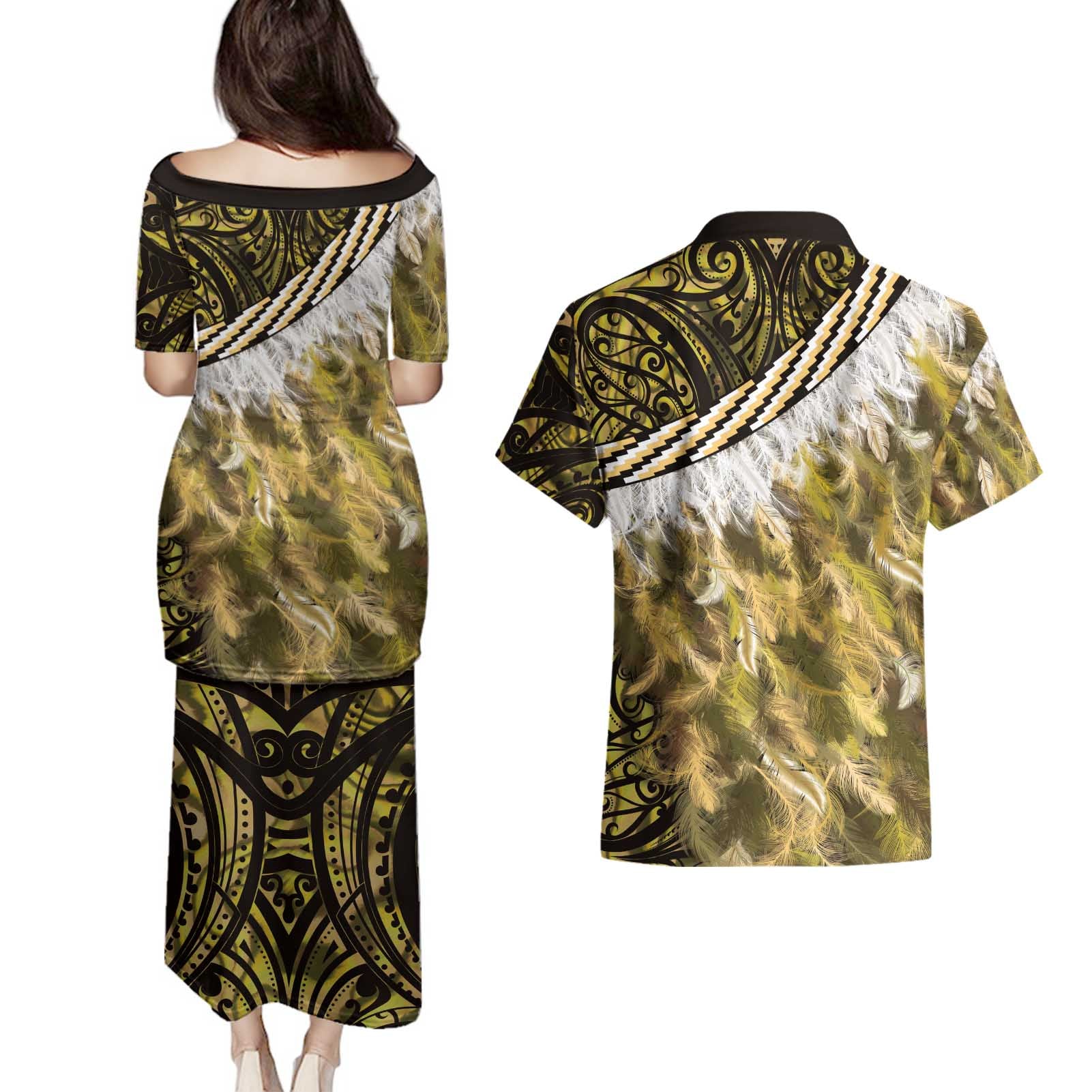 Yellow Traditional Cloak Aotearoa Couples Matching Puletasi and Hawaiian Shirt Maori Paua Shell Korowai Pattern