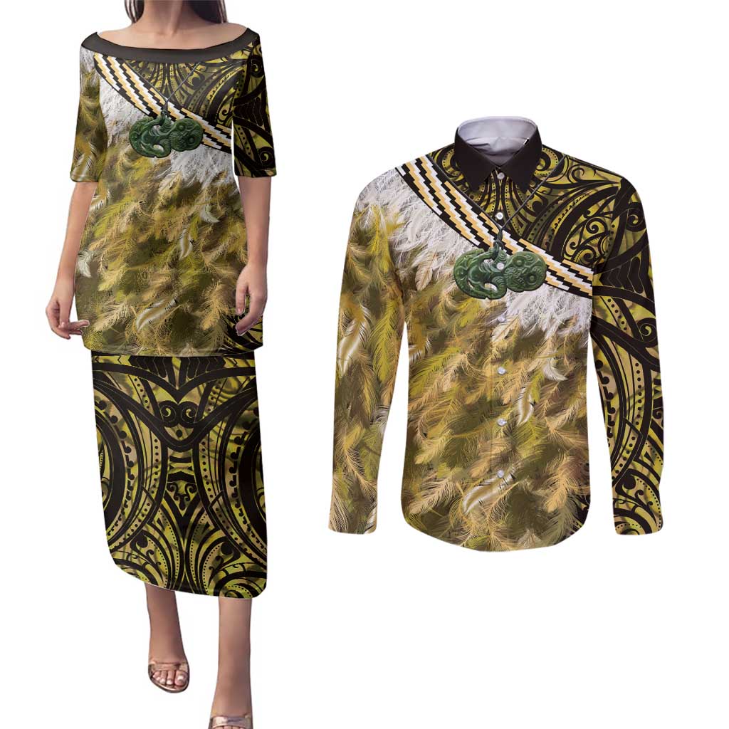 Yellow Traditional Cloak Aotearoa Couples Matching Puletasi and Long Sleeve Button Shirt Maori Paua Shell Korowai Pattern