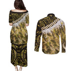 Yellow Traditional Cloak Aotearoa Couples Matching Puletasi and Long Sleeve Button Shirt Maori Paua Shell Korowai Pattern