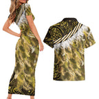 Yellow Traditional Cloak Aotearoa Couples Matching Short Sleeve Bodycon Dress and Hawaiian Shirt Maori Paua Shell Korowai Pattern