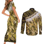 Yellow Traditional Cloak Aotearoa Couples Matching Short Sleeve Bodycon Dress and Long Sleeve Button Shirt Maori Paua Shell Korowai Pattern