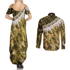 Yellow Traditional Cloak Aotearoa Couples Matching Summer Maxi Dress and Long Sleeve Button Shirt Maori Paua Shell Korowai Pattern