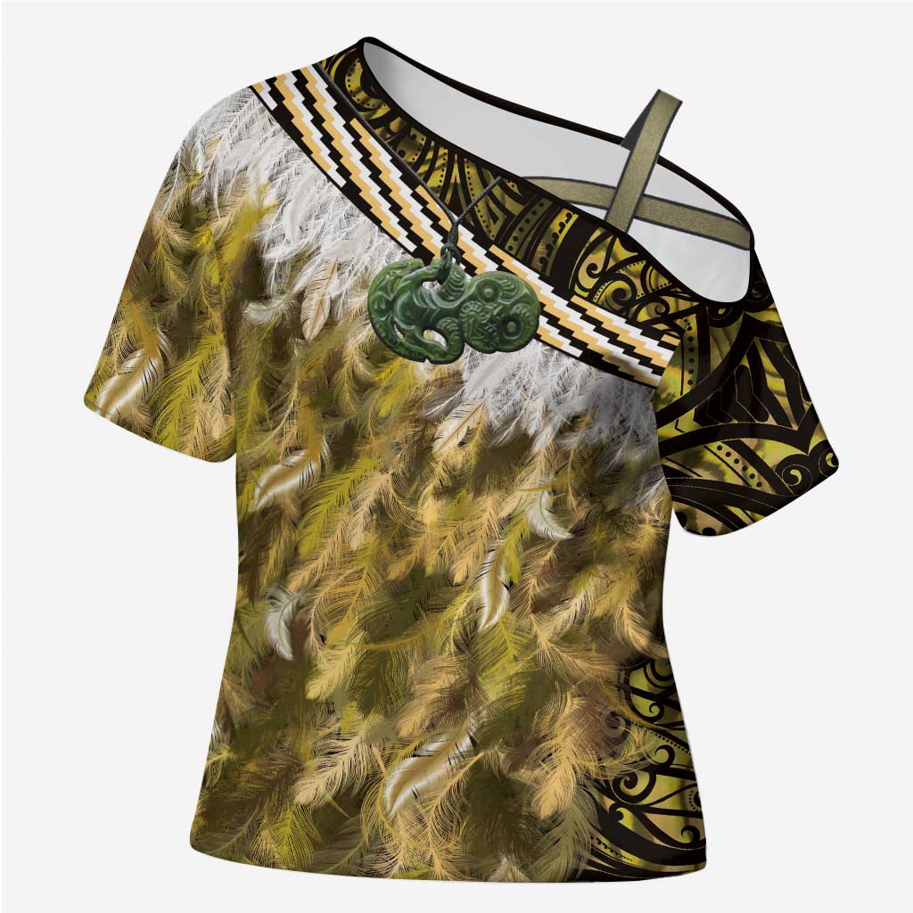 Yellow Traditional Cloak Aotearoa Cross Shoulder Shirt Maori Paua Shell Korowai Pattern - Aussie Hoodie