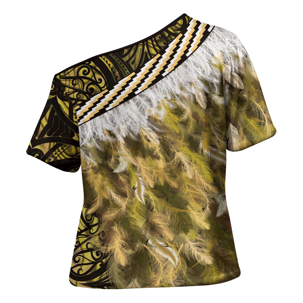 Yellow Traditional Cloak Aotearoa Cross Shoulder Shirt Maori Paua Shell Korowai Pattern - Aussie Hoodie