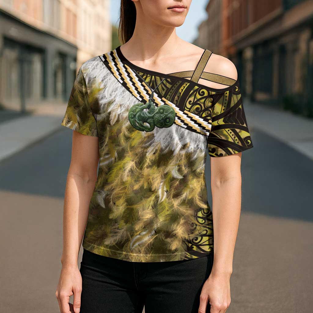 Yellow Traditional Cloak Aotearoa Cross Shoulder Shirt Maori Paua Shell Korowai Pattern - Aussie Hoodie
