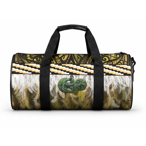 Yellow Traditional Cloak Aotearoa Duffle Bag Maori Paua Shell Korowai Pattern