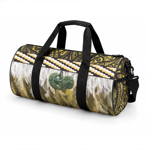 Yellow Traditional Cloak Aotearoa Duffle Bag Maori Paua Shell Korowai Pattern