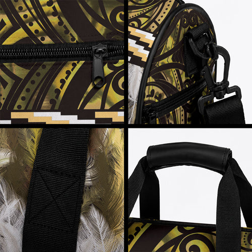 Yellow Traditional Cloak Aotearoa Duffle Bag Maori Paua Shell Korowai Pattern