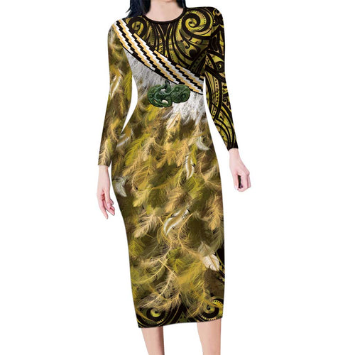 Yellow Traditional Cloak Aotearoa Family Matching Long Sleeve Bodycon Dress and Hawaiian Shirt Maori Paua Shell Korowai Pattern