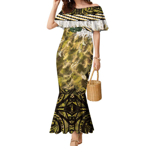 Yellow Traditional Cloak Aotearoa Family Matching Mermaid Dress and Hawaiian Shirt Maori Paua Shell Korowai Pattern