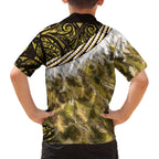 Yellow Traditional Cloak Aotearoa Family Matching Off The Shoulder Long Sleeve Dress and Hawaiian Shirt Maori Paua Shell Korowai Pattern