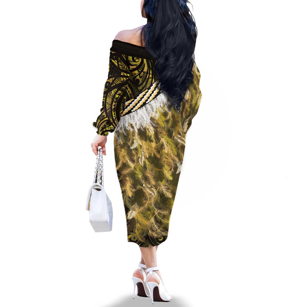 Yellow Traditional Cloak Aotearoa Family Matching Off The Shoulder Long Sleeve Dress and Hawaiian Shirt Maori Paua Shell Korowai Pattern