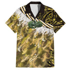 Yellow Traditional Cloak Aotearoa Family Matching Off Shoulder Short Dress and Hawaiian Shirt Maori Paua Shell Korowai Pattern