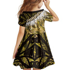 Yellow Traditional Cloak Aotearoa Family Matching Short Sleeve Bodycon Dress and Hawaiian Shirt Maori Paua Shell Korowai Pattern