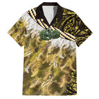 Yellow Traditional Cloak Aotearoa Family Matching Short Sleeve Bodycon Dress and Hawaiian Shirt Maori Paua Shell Korowai Pattern