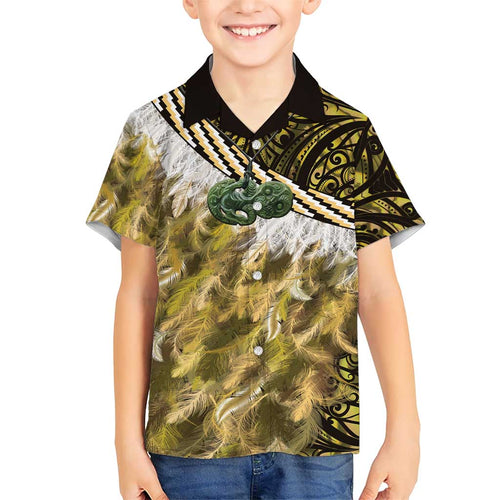 Yellow Traditional Cloak Aotearoa Family Matching Short Sleeve Bodycon Dress and Hawaiian Shirt Maori Paua Shell Korowai Pattern
