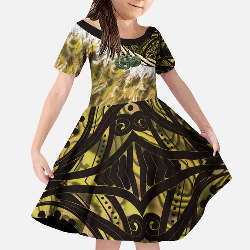 Yellow Traditional Cloak Aotearoa Family Matching Tank Maxi Dress and Hawaiian Shirt Maori Paua Shell Korowai Pattern