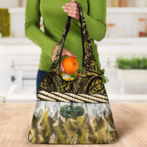 Yellow Traditional Cloak Aotearoa Grocery Bag Maori Paua Shell Korowai Pattern