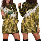 Yellow Traditional Cloak Aotearoa Hoodie Dress Maori Paua Shell Korowai Pattern