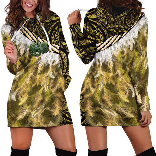 Yellow Traditional Cloak Aotearoa Hoodie Dress Maori Paua Shell Korowai Pattern