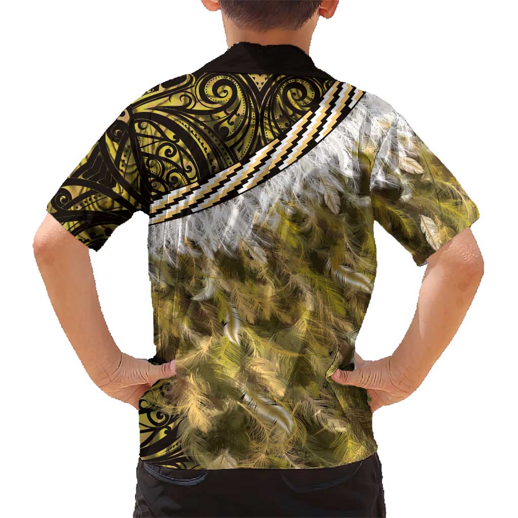 Yellow Traditional Cloak Aotearoa Kid Hawaiian Shirt Maori Paua Shell Korowai Pattern