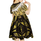 Yellow Traditional Cloak Aotearoa Kid Short Sleeve Dress Maori Paua Shell Korowai Pattern